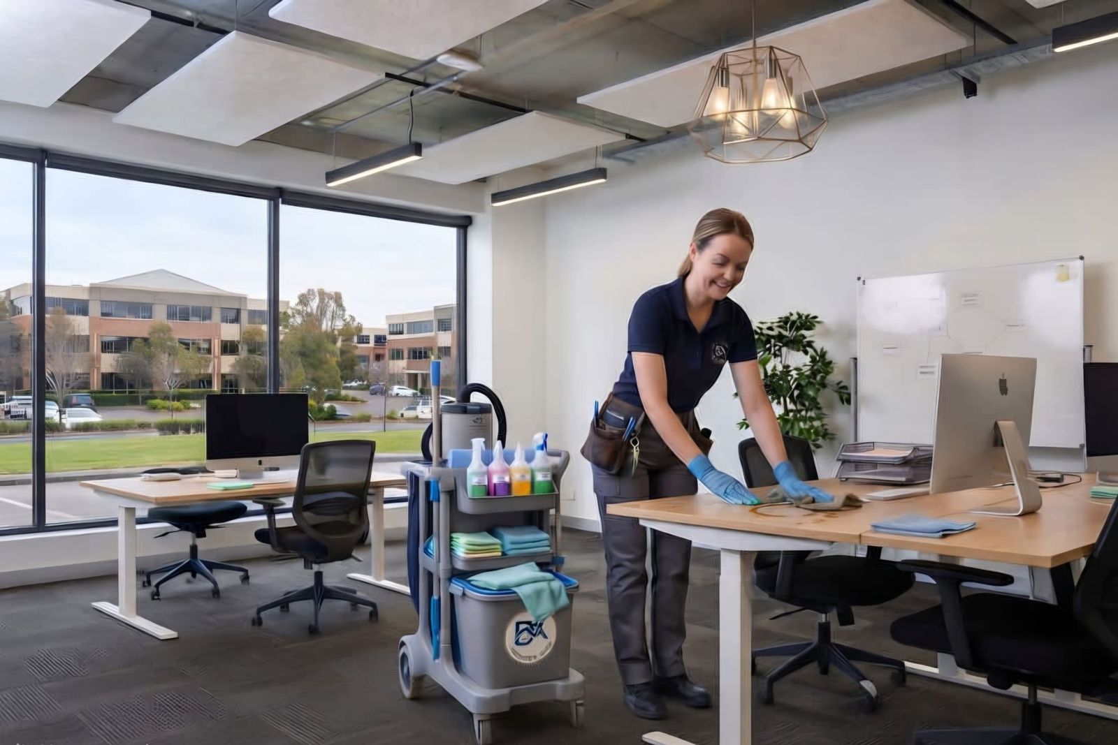 DA Property Care cleaner wiping down desks in an office