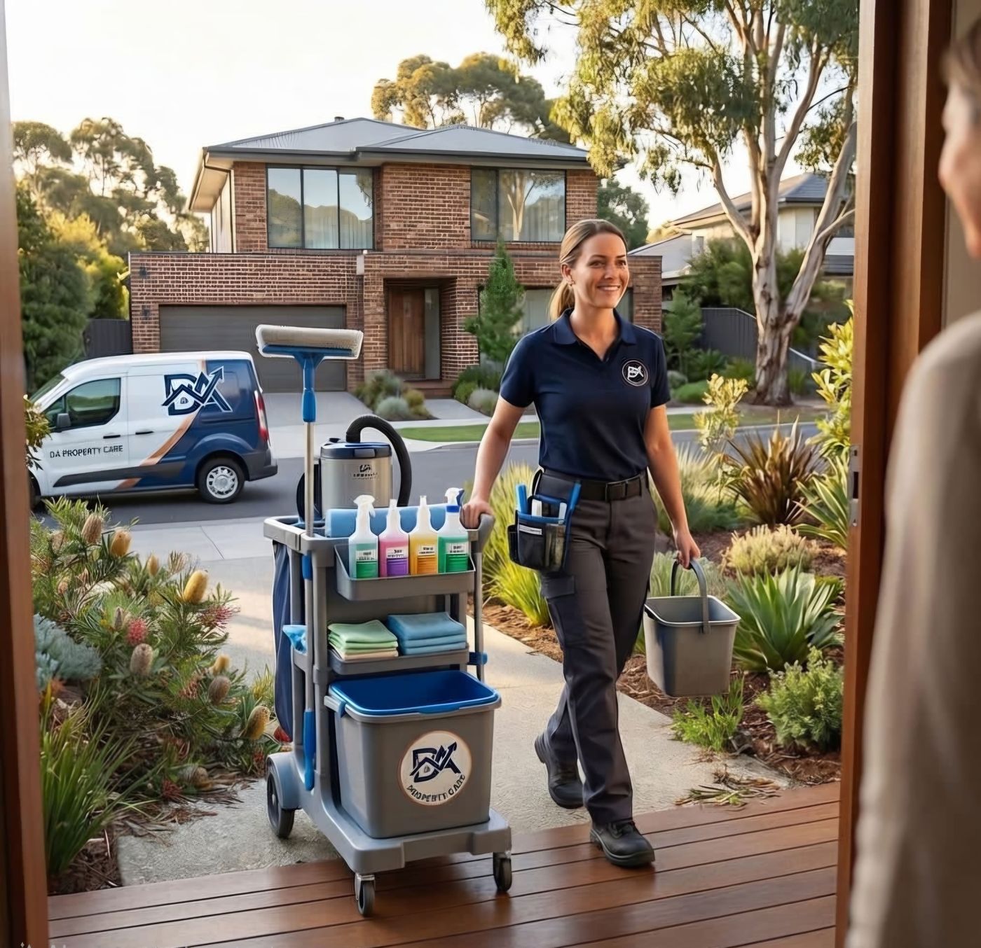 DA Property Care cleaner arriving at a Melbourne home with a cleaning trolley